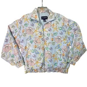 J.G. Hook‎ Vintage 100% Silk Shell Print Bomber Jacket Coastal 90s Small Blue